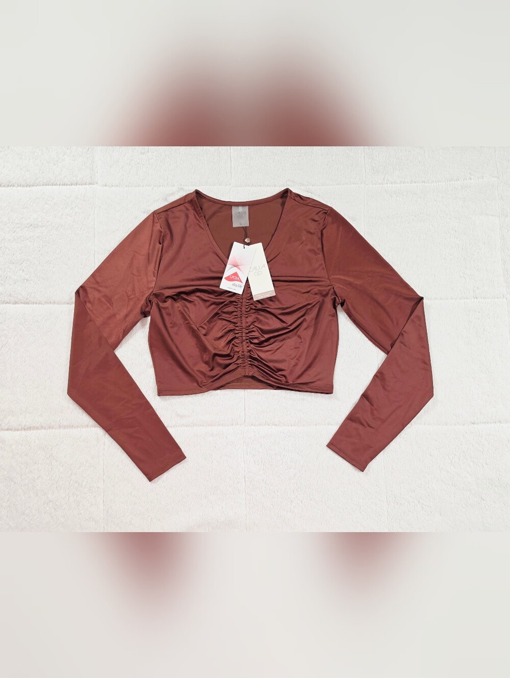 Calia Rust Crop Ruched V-Neck Long Sleeve Swim Coverup(S2-06,07)